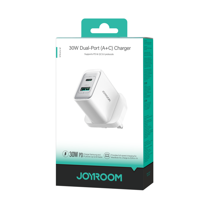 شاحن جويروم JR-TCF15 بقوة 30 واط بمنفذين USB-C و USB-A - شحن سريع PD 3.0 و QC 3.0