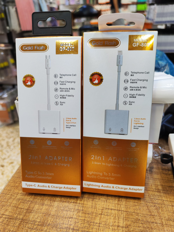 Gold Flash 2-in-1 Adapter: 3.5mm Jack to USB Type-C & Lightning Charging