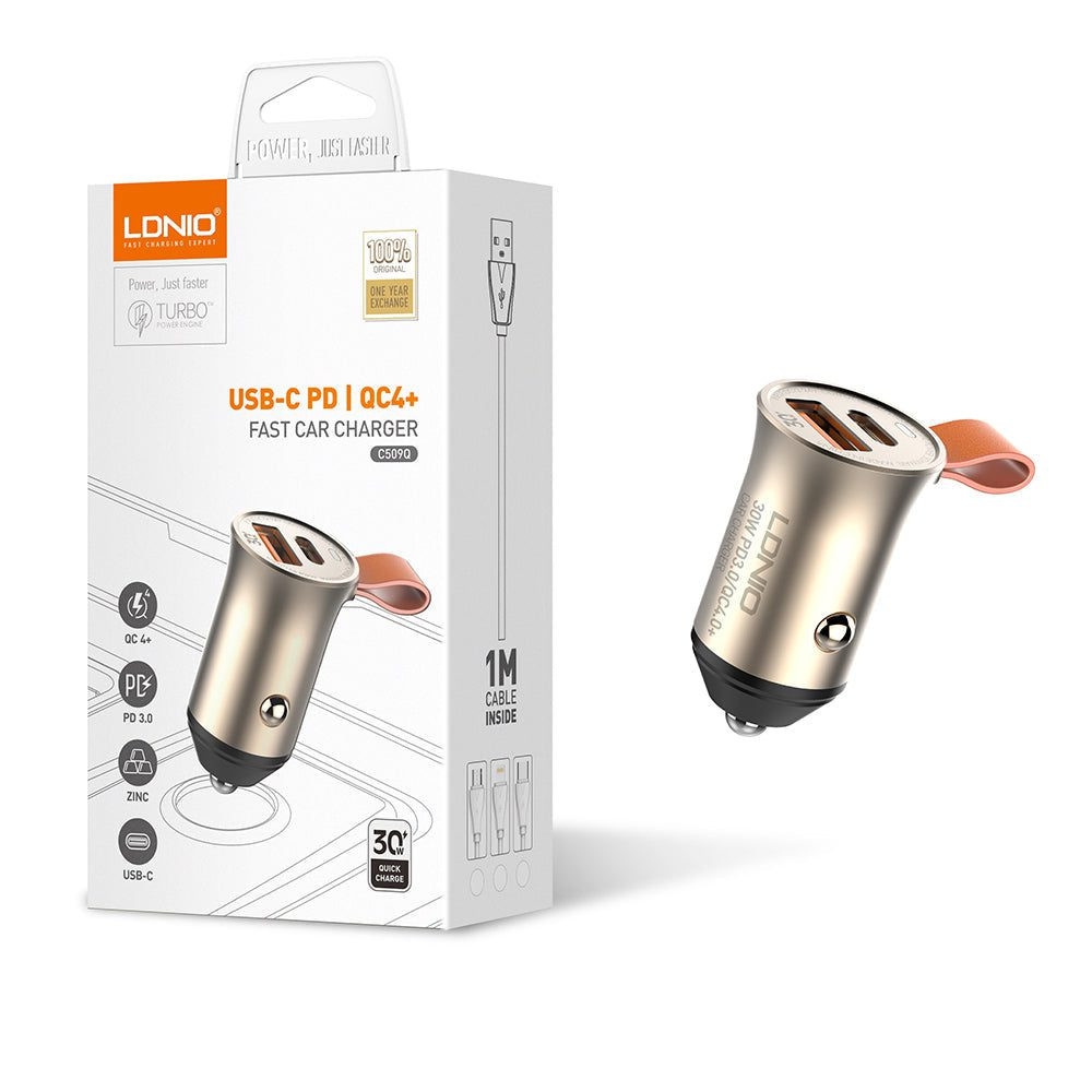 شاحن سيارة سريع 30 واط PD + QC4.0 مع كابل USB-C إلى Type-C