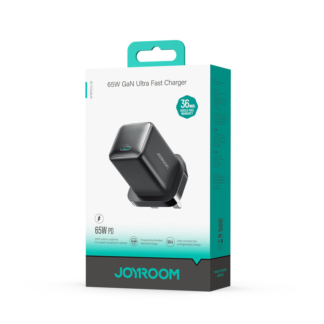 شاحن جويروم 65 واط GaN فائق السرعة - منفذ USB-C، قابس بريطاني (JR-TCG18)