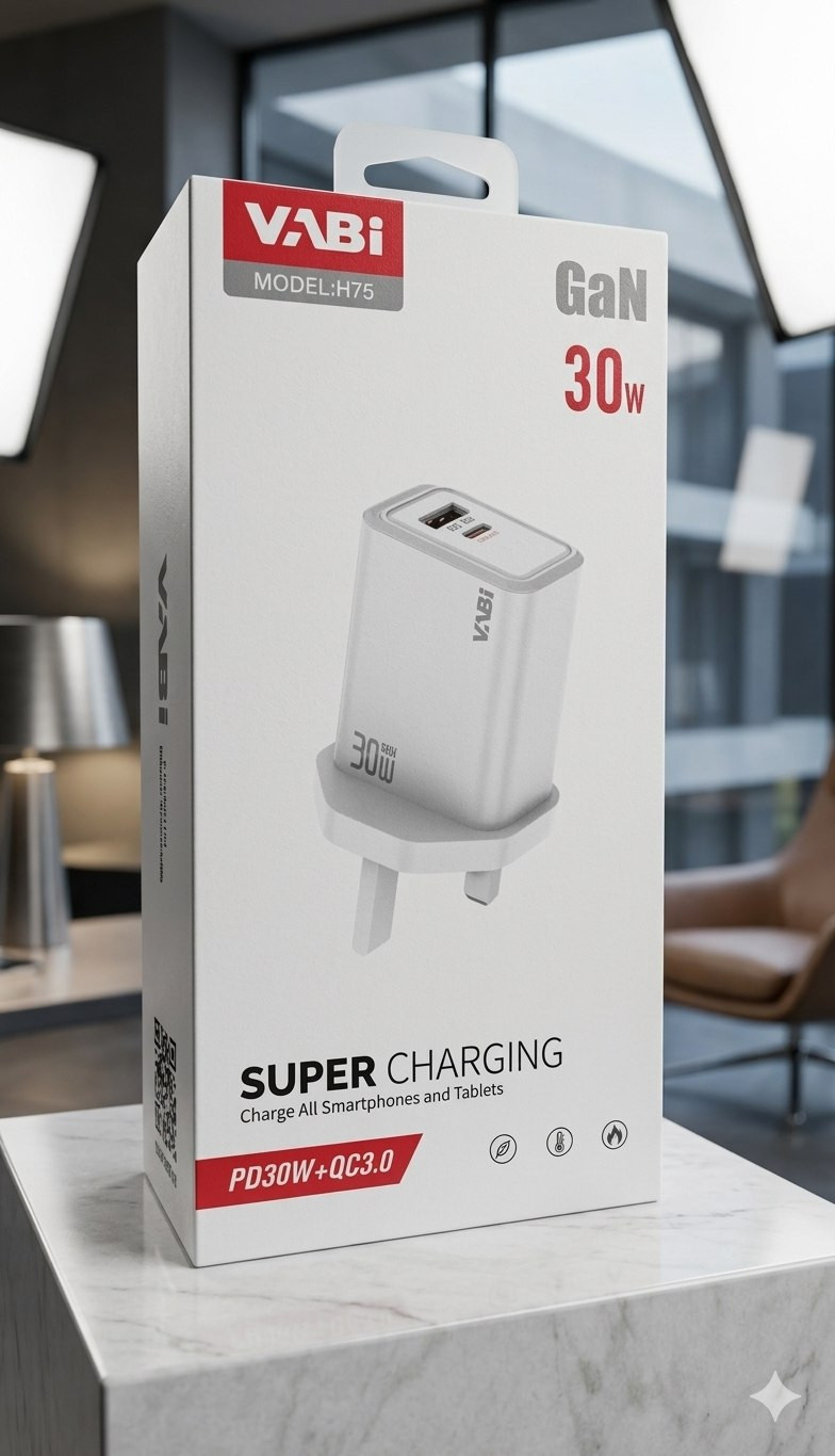 شاحن فابي 30 واط بتقنية GaN - محول طاقة سريع بمنفذين USB و Type-C