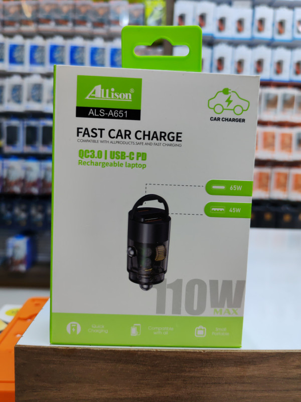 شاحن سيارة أليسون ALS-A651 بلوتوث وجهاز إرسال FM - بقوة 65 واط PD و 45 واط QC3.0