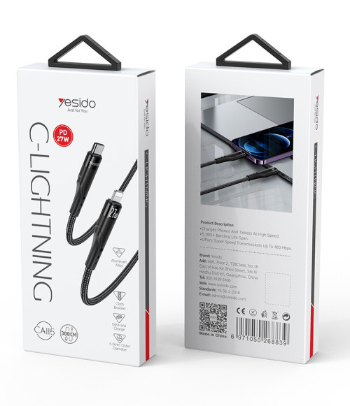 كابل إيسيدو من USB-C إلى لايتنينج 3 متر - شحن سريع 27 واط ومزامنة بيانات