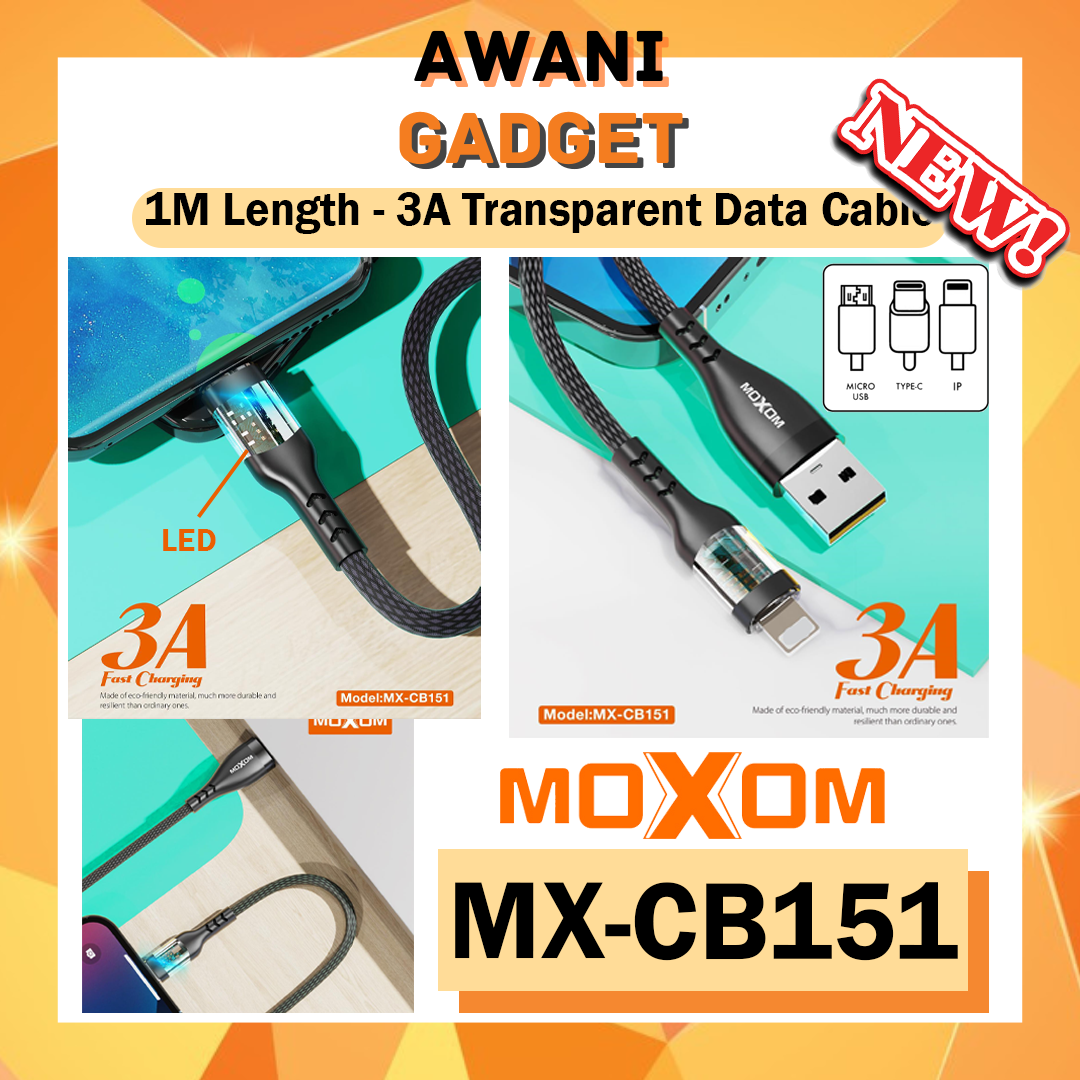 كابل شحن سريع ونقل بيانات موكسوم MX-CB151 شفاف مع LED بقدرة 3 أمبير (1 متر)