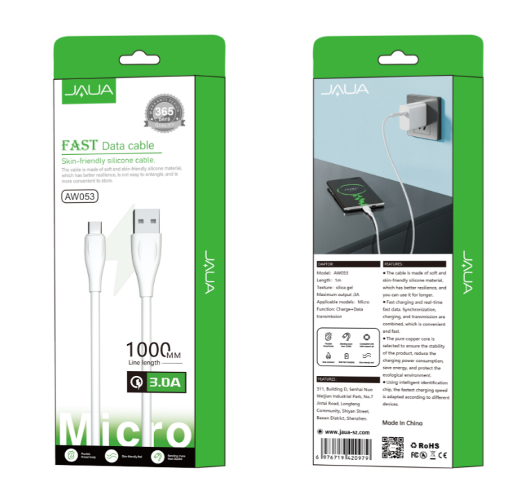 كيبل شحن Jaua Micro USB سيليكون أبيض، 1 متر، شحن سريع 3 أمبير