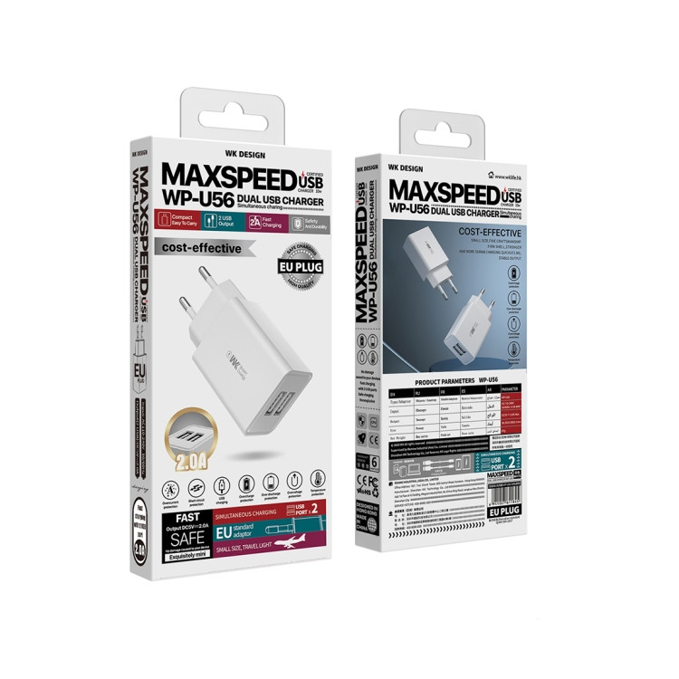 شاحن جداري WK Design Maxspeed WP-U56 بمنفذين USB - بقوة 10 واط