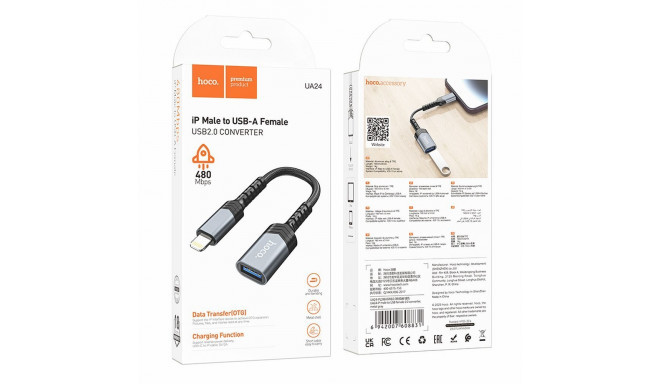 Hoco Adaptor UA24 Lightning Male To USB female Metal Gray