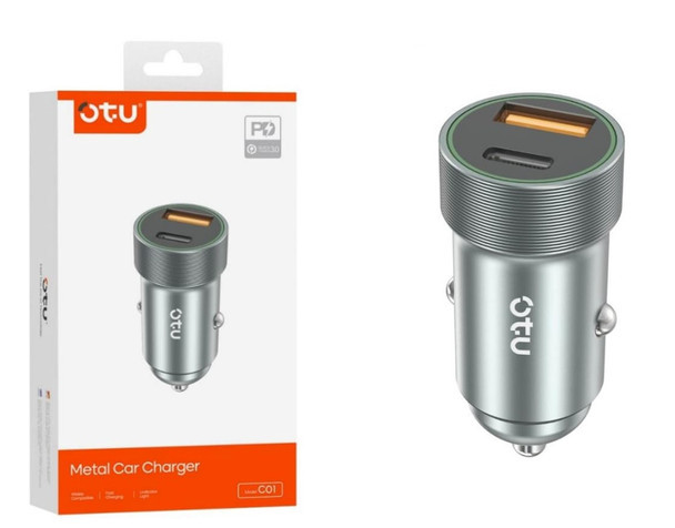 شاحن سيارة أوتو C01 معدني - شحن سريع 20 واط PD منفذين USB و Type-C