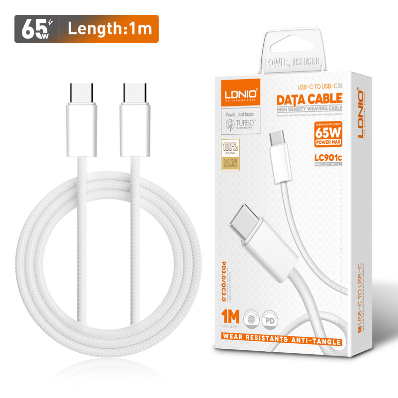 كابل شحن سريع LDNIO LC901c بقوة 65 واط من USB-C إلى USB-C - 1 متر