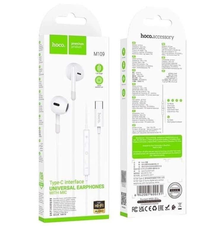 Hoco M109 Sunny Digital Type-C Wired Earphones with Mic - 1.2m White