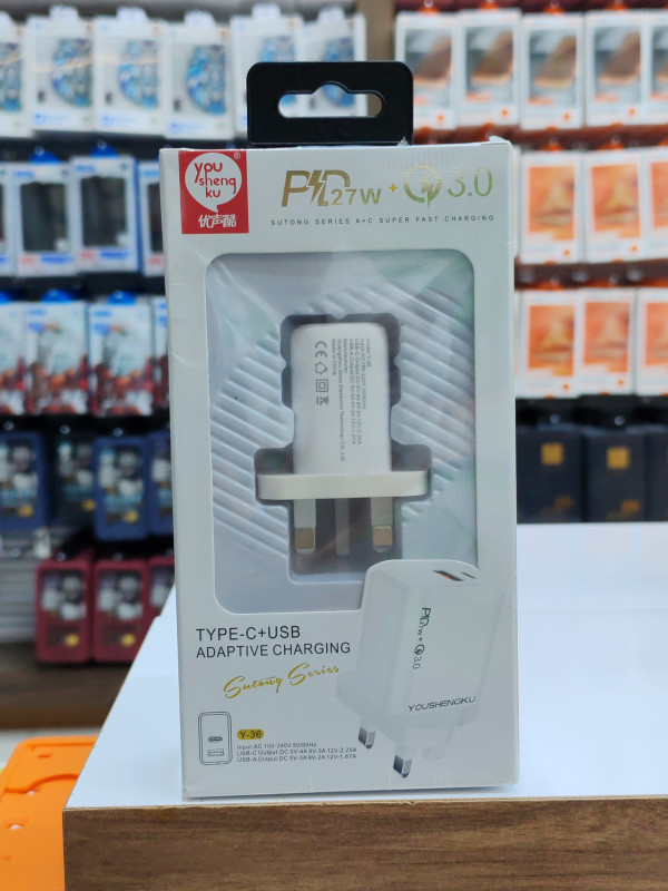 شاحن يوشينج Y-36 بقوة 27 واط PD + QC3.0 بمنفذين Type-C و USB